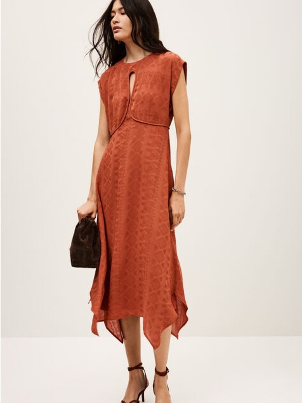 Ba&sh Inaia Brique Rust Red Keyhole Handkerchief Hem Midi Dress Size Small NWT